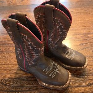 Roper Boys Leather Cowboy Boots Size 10 Square Toe Red & White Stitching Brown